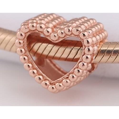 Authentic S925 Silver Bead Openwork Rose Beaded Heart Charm fit Lady Bracelet Bangle DIY Jewelry