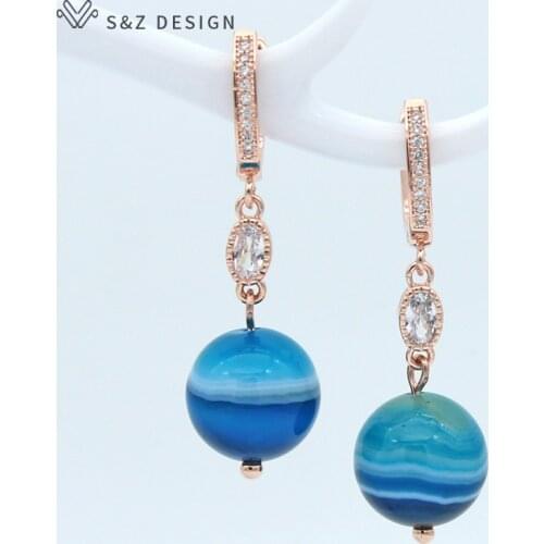 S&Z New Round Blue Agates Round Natural Stone Dangle Earrings 585 Rose Gold Fashion Eardrop For Lady Girl Cute Daily Accessories