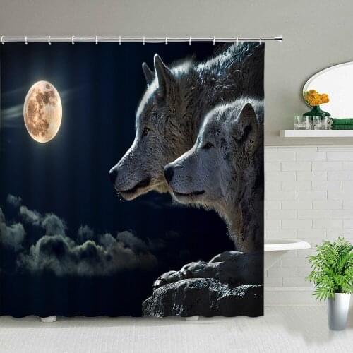 Nordic Wolf Black Shower Curtains Wild Animals Waterproof Fabric For Bathroom Home Decorative Bathtub Screen With Hooks Washable