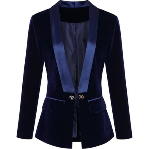 Dark Blue Black Blazer Women Autumn Long Sleeve Velvet Coats Shawl Collar Single Button Blazers Women Jacket Coat Female Autumn