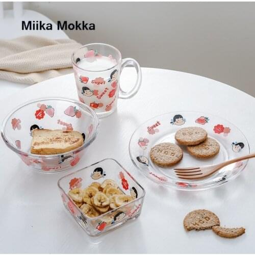 Japan Style Cute Strawberry Glass Bowl Salad Bowl Student Cartoon Fruit Bowl Glass Cup Breakfast Oatmeal Bowl Tableware