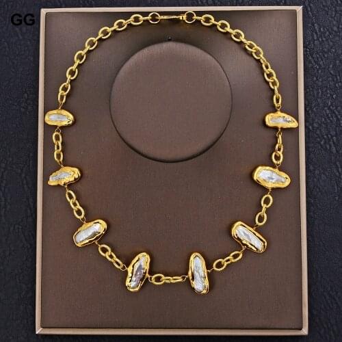 GuaiGuai Jewelry 20" Freshwater White Biwa Pearl Bezel Set Pearl Chain Necklace For Women