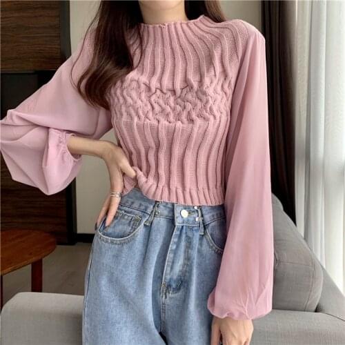 Womens Blouse 2020 Spring Casual Lantern Sleeve Chiffon Sleeve Stretchy Blouse Fashion pit knitting Slim Elastic Sweater