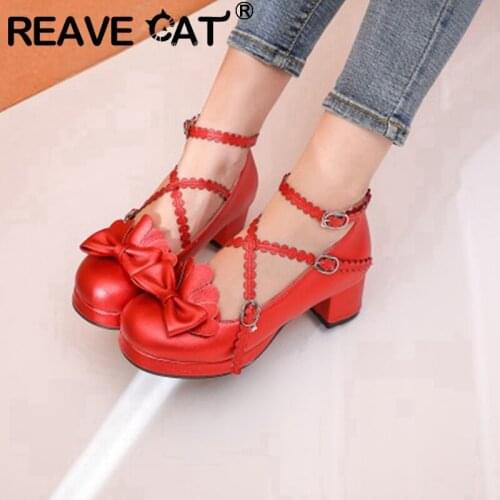 REAVE CAT New 2021 Women Pumps Sweet Cosplay Sweetheart Uniform Round Toe 5cm Platform Cross-Tied Buckle Bowknot Size 48 A3299