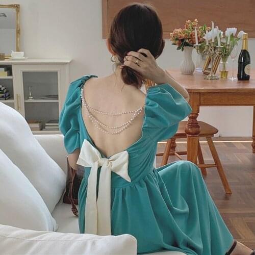 Sannian Summer Women Dress Square Neck Halter Pearl Chain Bowknot Decorated High Waist Puff Sleeve Dress Women Clothes