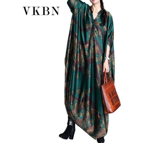 VKBN Spring Autumn Casual Dresses for Women Party Batwing Sleeve Loose Waist Plus Size Women Clothing Printing Plus Size