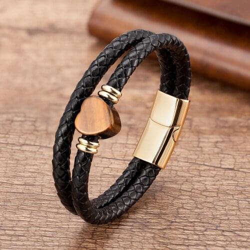 2020 New Heart Shape Stone Beads Women Bracelet men Multilayer Leather Bracelet Jewelry Stainless Steel Magnetic Clasp Bangles