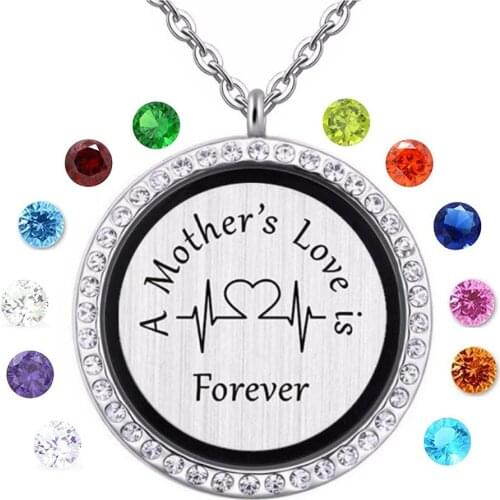 Fashion 30mm A Mothers Love is forever Floating Memory Locket Necklace Round Magnetic Glass Lockets With birthstones charm