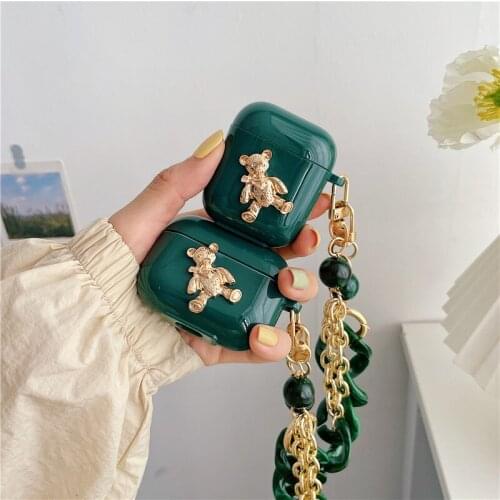 3D Cute Bear Vintage Green Earphone Case for Airpods 1 2 Luxury Wireless Bluetooth Headphone Cover for Airpods Pro with Bracelet