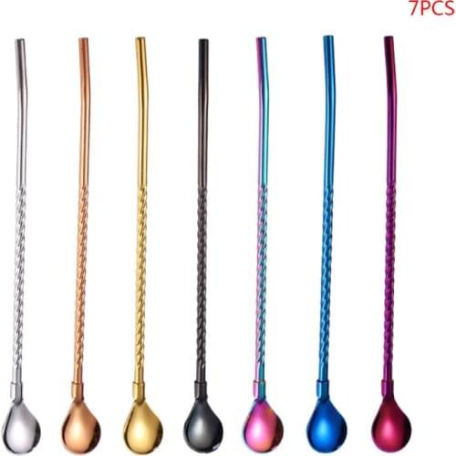 7pcs Stainless Steel Long Twisted Straw Spoon Stirring Scoop Reusable Coffee Drink Cocktail Mixing Teaspoon