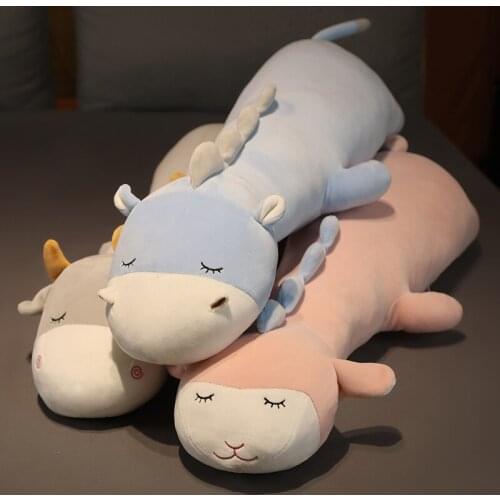 80cm/120cm Long Animals Cattle Hippo Sheep Plush Pillow Toy Soft Comfortable Cartoon Stuffed Doll Sleeping Cushion Girls Gifts