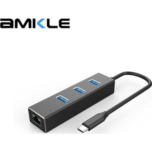 Amkle USB C 3.1 to RJ45 Gigabit Ethernet 1000Mbps LAN Adapter 3USB 3.0 Ports Type C Hub with Holder For Macbook Notebook