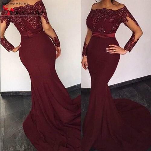 Burgundy Wine Red Long Sleeve Bridesmaid Dress Sexy Off Shoulder Applique Maid Of Honor Gown