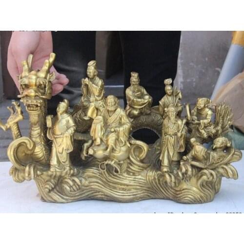 China FengShui Brass Copper Ancient Myth the Eight Immortals 8 God Dragon Statue