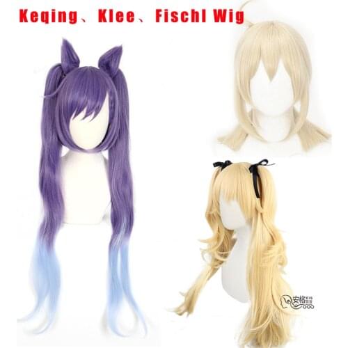 Klee Fischl Keqing Wigs Braids Purple Gradient Smoke Blue Short Hair Curls Double Horntail Heat Resistance Girls Women Cosplay