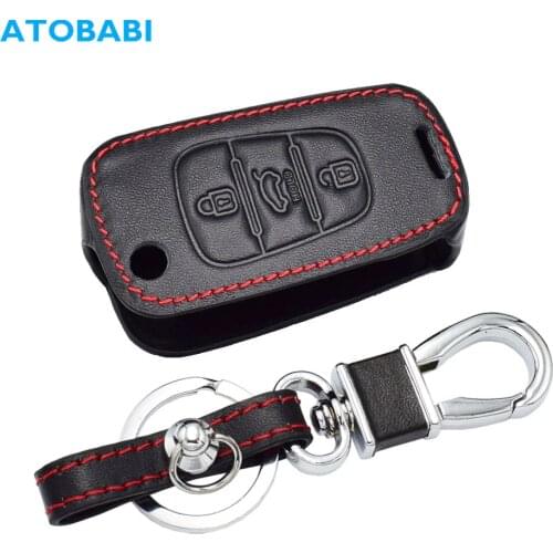 Leather Car Key Cover For Kia K2 K5 Sportage Hyundai Elantra I30 IX35 3 Buttons Folding Remote Fob Shell Case Keychain Protector