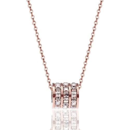 Fashion Exquisite Shiny Three Circle Crystal Pendant Necklace Stainless Steel Rose Gold Color Necklace For Women Wedding Gift