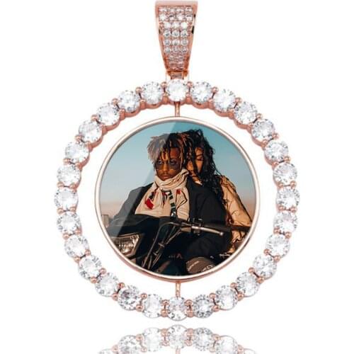 Mens Hip Hop Jewelry Hot Custom Make Photos Rotating Double-sided Medallions Pendant Necklace AAA Cubic Zircon Long Necklace