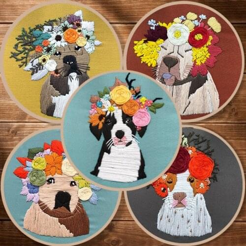 New DIY Stamped Embroidery Starter Kit With Cute Dog animal Cartoon Pattern 3D Embroidery Cloth Color Threads Tools Kit