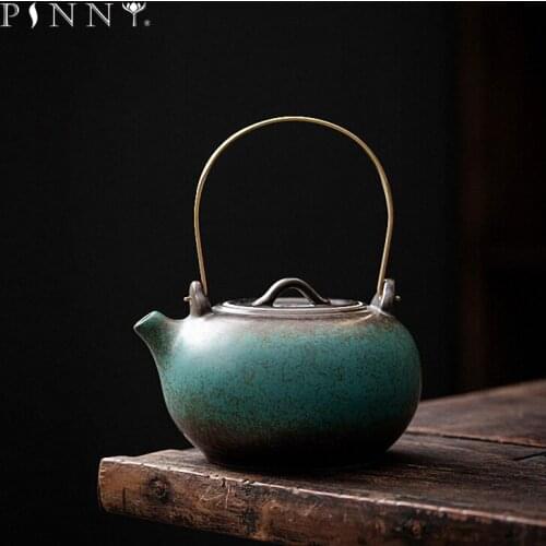 PINNY 210ML Turquoise Glaze Handle Teapot Retro Ceramic Kung Fu Tea Pot Pigmented Drinkware