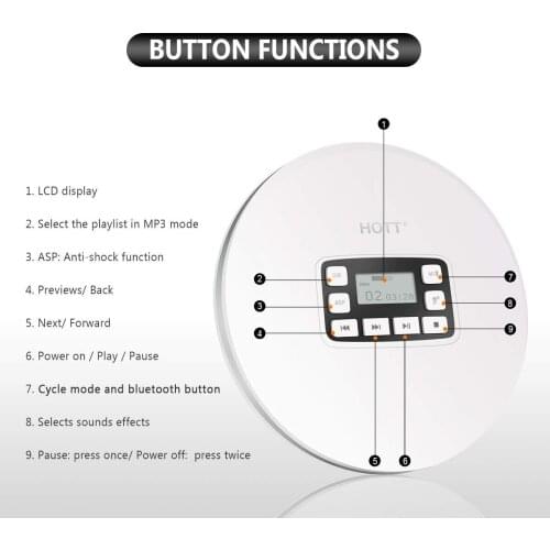 HOTT CD611T Portable Bluetooth CD Player LCD Display Anti-Shock CD Music Car BT Music White Color