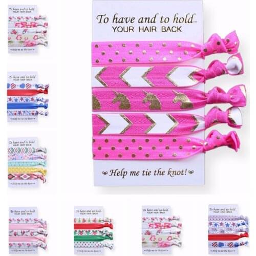 T.R RIBBON 5/8" FOE TIES Unicorn printed Knotted Girl FOE Hair Ties elastic Hair Accessories 5pcs/set/lot