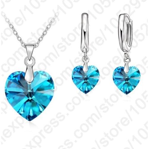Romantic 925 Sterling Silver Blue Cubic Zircon Heart Shape Pendant Women Wedding Jewelry Sets