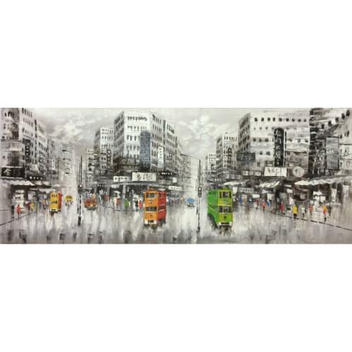 Hand Painted Oil Painting on Canvas Abstract Hong Kong Trams Street Canvas Painting Wall Art Picture Paiting for Home Decoration