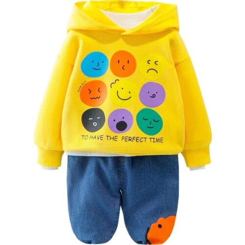 Latest Design Style Fashion Kids Boys Spring Hooded Sweatshirt And Denim Pants Two-piece Suit
