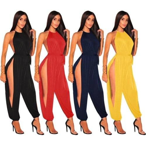 Sexy Backless Long Jumpsuits Women Sleeveless Haltor Rompers Slit Loose Lantern Pants Bow Lace Up Waist Summer Outfit Overalls