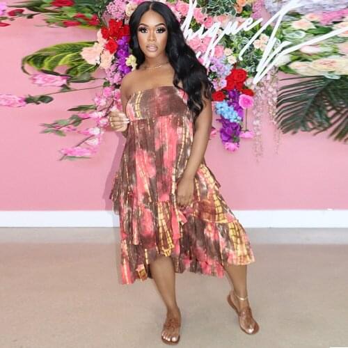 Off The Shoulder Tie Dye Print Irregular Dress Women Strapless Ruffles Pleated Vestidos Summer Holiday Bohemian Loose Dresses