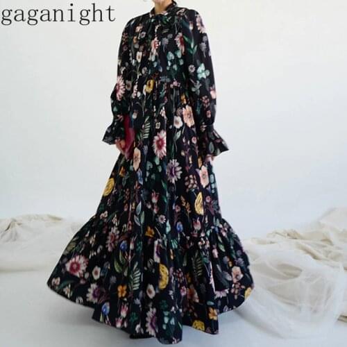 Gaganight Fashion Chic Flower Women Maxi Long Dress Swing High Waist Flare Sleeve Elegant Vintage Dresses Party Holiday Bohemia