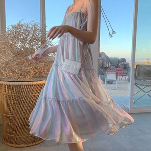Camisole Rainbow Dress Women Colorful Lovely Ruffles Femme Spaghetti Strap Vestidos Korean Chic Ladies Beach Party Sundress