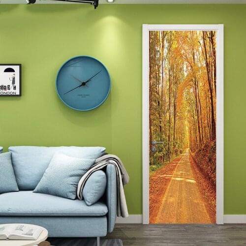 Golden Autumn Scenery Of The Forest Quiet Path DIY Door Wall Stickers Home Decor Living Room Art Mural Self-adhesive Wall Poster