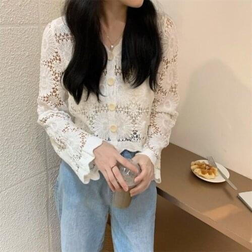 2021 Spring and Autumn New Fashion Temperament Lace Hollow Long Sleeve Cardigan Jacket Womens Western Short Top