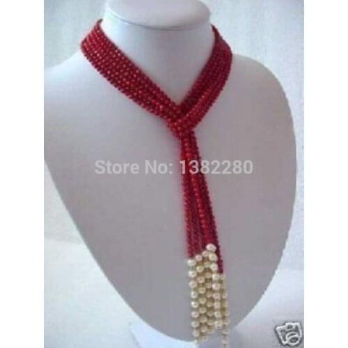 ! 5MM Charming Red Coral & White Pearl Scarf Necklace 50" JT5100
