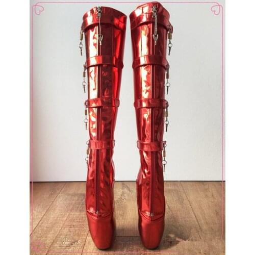 8 Locks Ballet Boots Women Wedge Plus Size Buckle Straps Metallic Red Fetish Heels Gothic Boots For Show