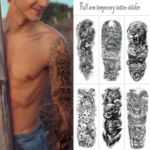 Large sleeve tattoo sticker Tiger clock flower Full arm black temporary tattoo Angel fake light body art tattoo for arm