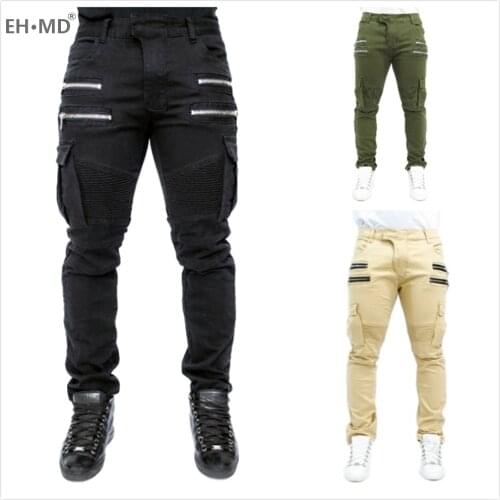 EH · MD® Mens Stretch Denim Trousers Fashion Trend Pleated Zipper Decoration Multi Pocket 2020 Black Khaki Slim Casual Jeans