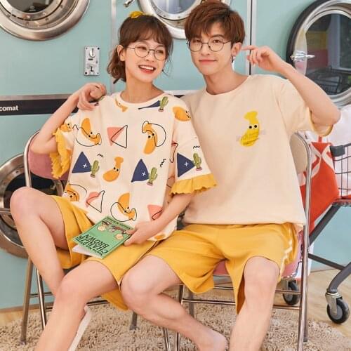 Funny Cartoon Banana Print Summer Couples Pajamas Korean Yellow Short Sleeve Men/women Sleepwear Men Casual Plus Size Homewear