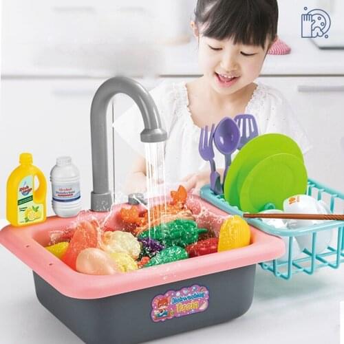 Kitchen Sink Toys Children Heat Sensitive Electric Dishwasher Playing Toy with Running Water Automatic Water Cycle System Play H