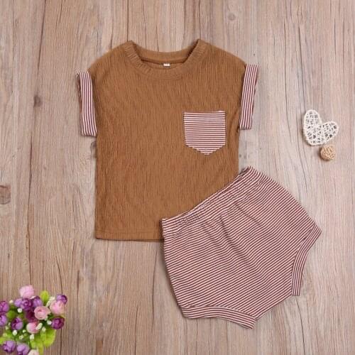 Summer Babys Striped Two Piece Set, Infants Crew Neck Contrast Sleeves Shirt Elastic Waistband Shorts for Toddler