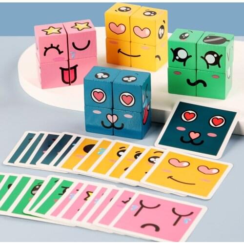 Montessori Cartoon Face Changing Cube Building Toys For Children Expression Puzzle Early Educational Logic Training Family Game