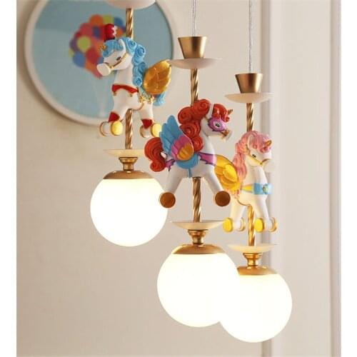 Nordic Circus Cartoon Pegasus Pendant Lights Childrens Room Lamp Girl Lighting Hanging Lights American Cartoon Bedroom Lamp