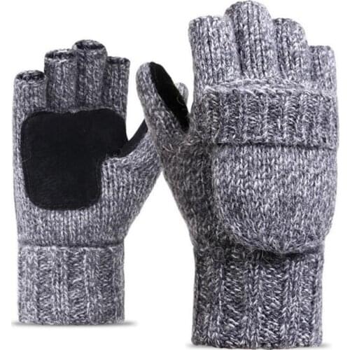HOT Unisex Plus Thick Male Fingerless Gloves Men Wool Winter Warm Exposed Finger Mittens Knitted Warm Flip Half Finger Gloves