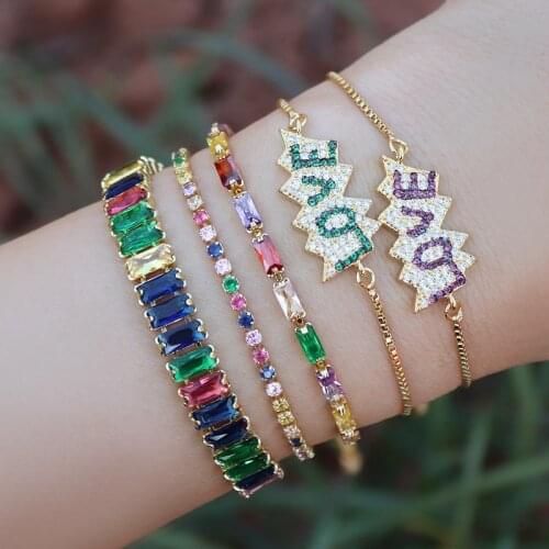 Multicolor Womens Gold Rainbow CZ Bracelets bangles Jewelry Colorful Zircon Adjustable Snake Chain crystal Bracelet gift femme