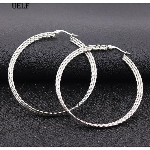 Uelf 1Pair Big Silver Hoop Earrings for Women Large Circle Round Earrings Gold Womens Ear Creoles Loop Classic Jewelry Gift
