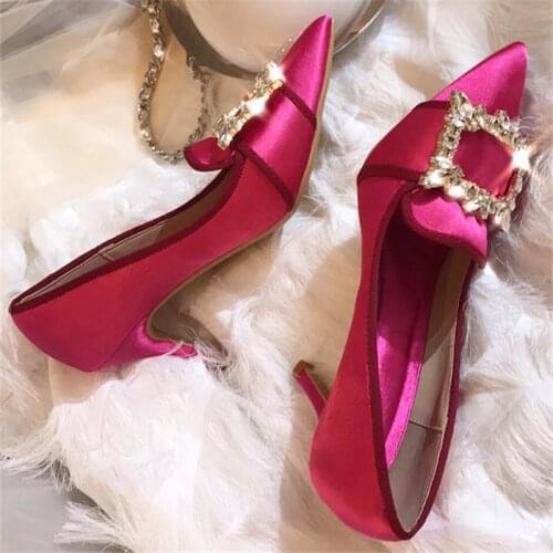 Designer Shoes Woman Luxury Brand 6/8/10CM high heels Crystal Buckle Silk Pumps Red Wedding Party Scarpin Runway Ladies stiletto
