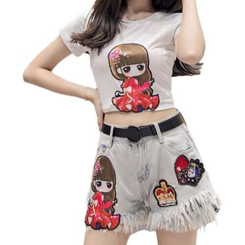 Women Sequins Cotton T Shirts + Tassels Short Jeans Suits 2021 Summer Casual Tshirt Denim Shorts Sets Girls Students