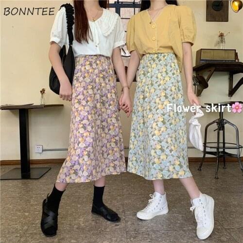 Flower Skirts Women Vintage Y2K Mujer Faldas College Spring Fashion All-match Leisure Harajuku Elastic Clothes Friends Kawaii